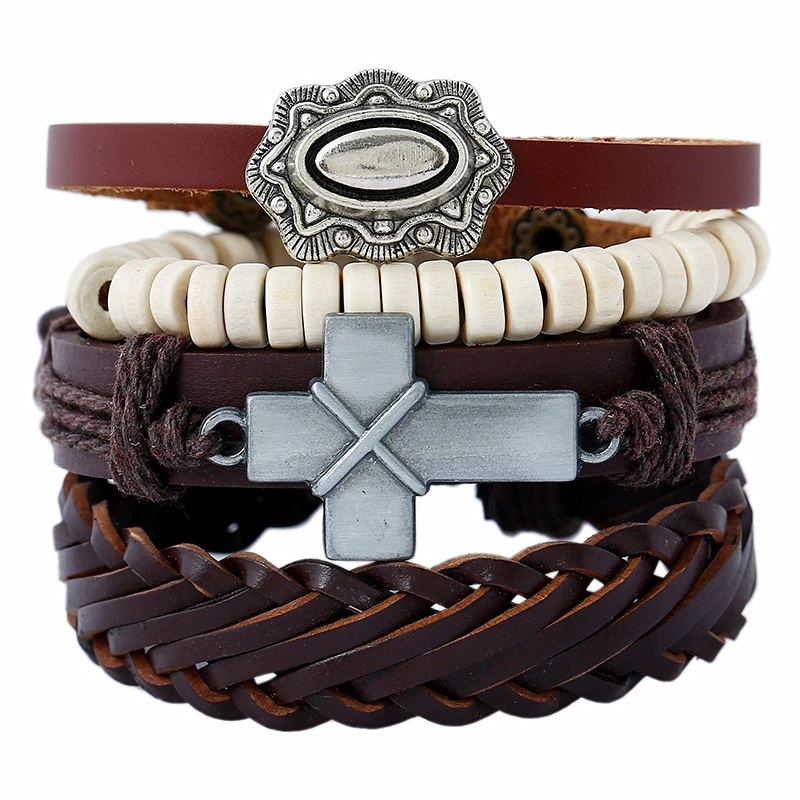 Casual Brown Punk 4 Pcs/set White Beads Alloy Cross Charm Men Leather Bracelets For Women Homme Femme Jewelry Accessories