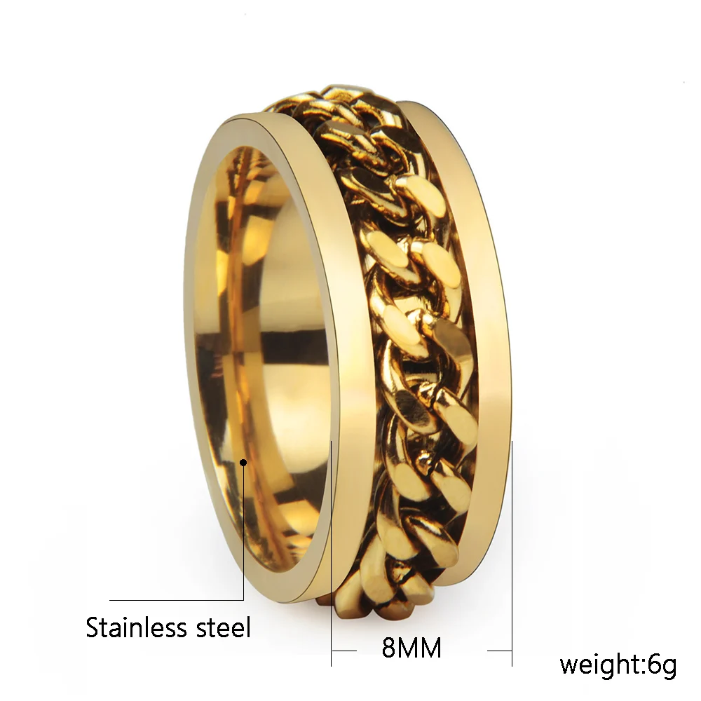 Chanfar Fashion Metal Punk Rock Biker Gold Color Ring Men Stainless Steel Turnable Chain Spinner Ring Fashion Finger Jewelry