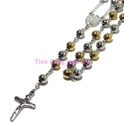 Gold Silver Color 4mm/6mm/8mm Round Bead Rosary Necklace Stainless Steel religious Jesus Crucifix Cross Chain for women Men