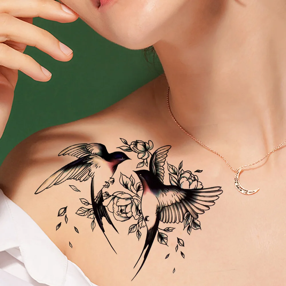 Big Flower arm tattoo Temporary Tattoo Sticker Sparrow/Magpie Fake