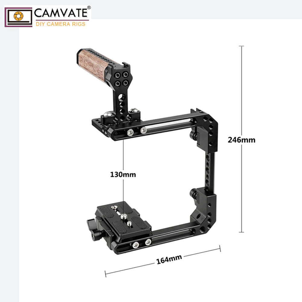 CAMVATE Universal Camera Cage Rig With Manfrotto Quick Release Baseplate & Wooden Top Handle For Canon Sony Panasonic Nikon