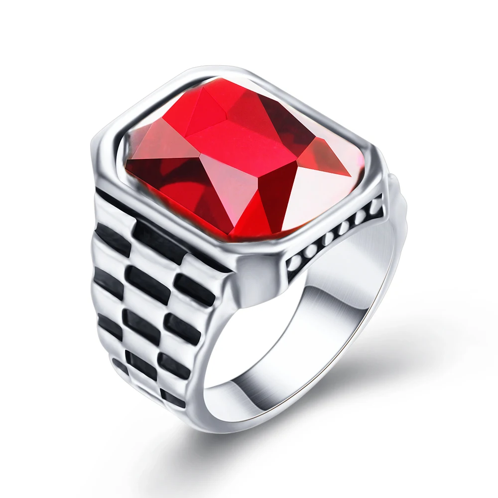 Man Punk Rings Vintage 316L STAINLESS Steel Red Gem Finger Ring With Stone Fashion Men Jewelry