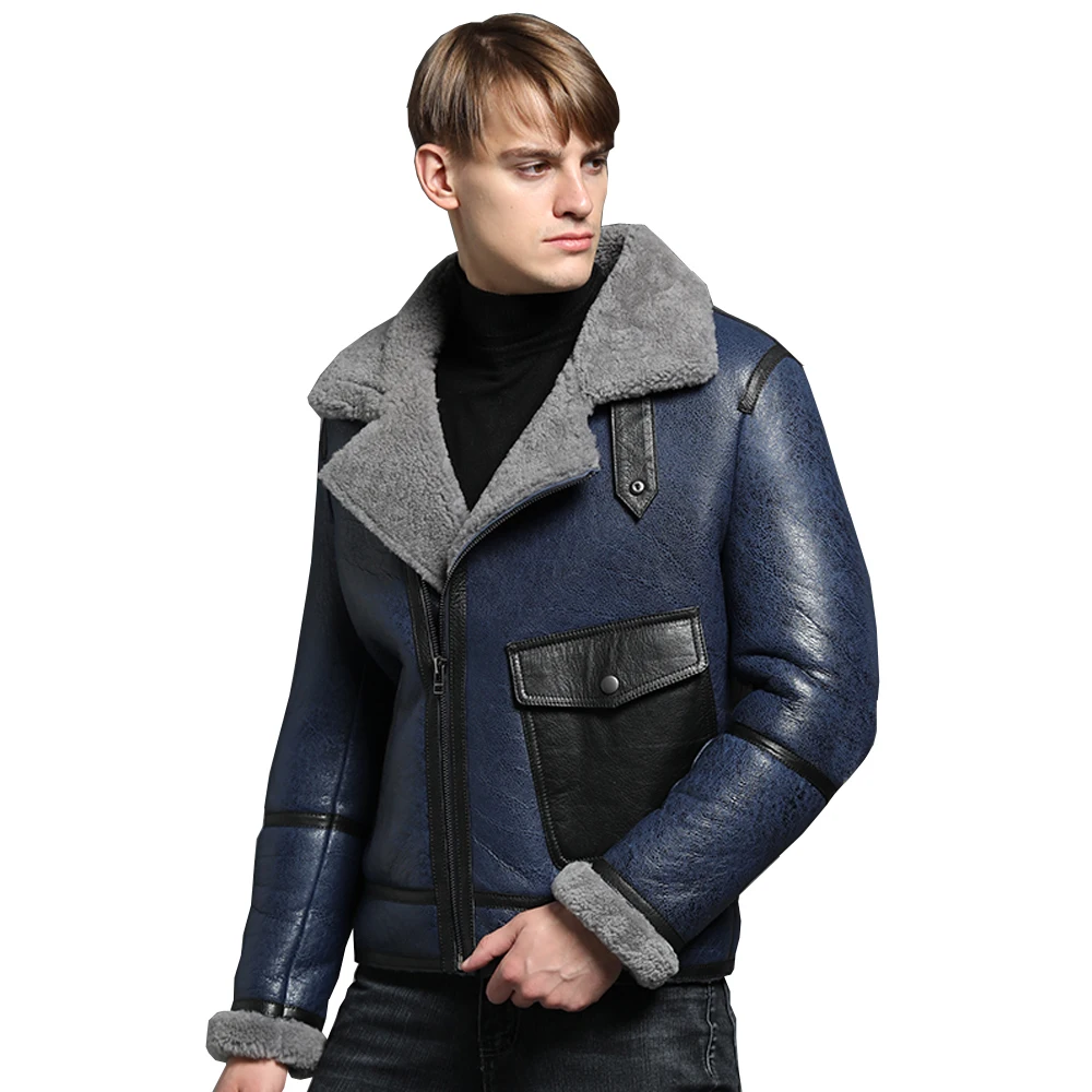 LUHAYESA Genuine Sheep Shearling Jacket Young Man real Sheep Skin Coat Male Winter Jacket Blue Men Fur Gentlemen Casual Overcoat