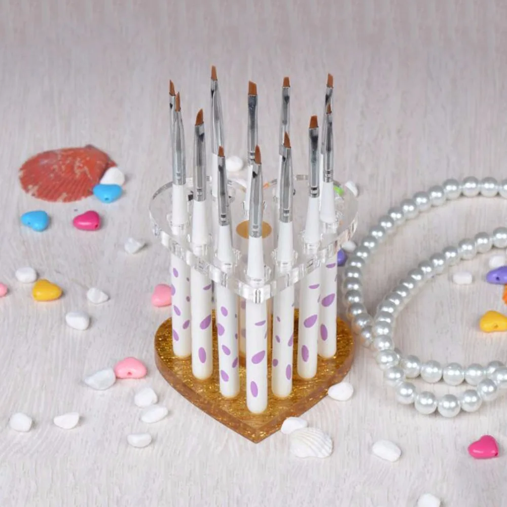 Professional Heart Round  Makeup Nail Art 12 Holes Acrylic Gel Nail Brush Pen Holder Gold Rest Stand Display Brushes