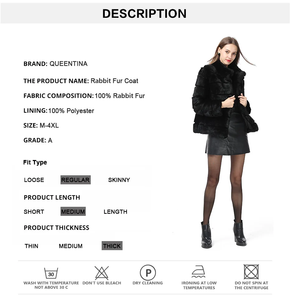 QUEENTINA  Rabbit Fur Coat Collar Whole Full Pelt Fashion Luxury Waistcoat Natural Imitation Coats New Women's Winter Jacket