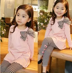 Retail and wholesle 2022 spring and autumn toddler girl clothing sets children clothes kids top with bow+striped leggings 2pcs