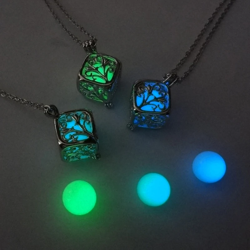 Luminous Square Tree of Life necklace Hollow Glow In The Dark tone cages dant Silver color Chains For women Fashion Jewelry Gift