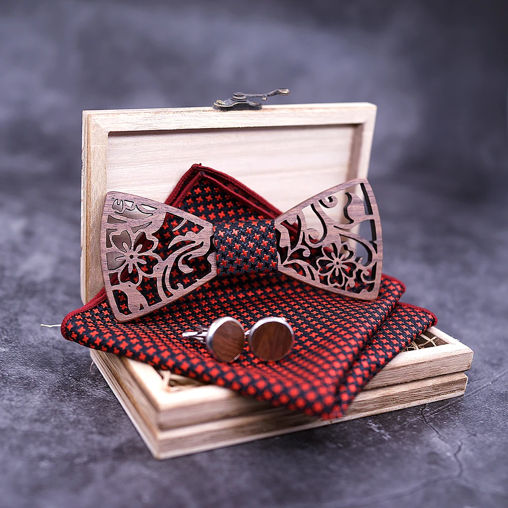 Mens 4PCS Wooden bow Tie Set Men Handkerchief wood Bowtie Cufflinks Necktie Silk Ties For Business Wedding Party Hombre