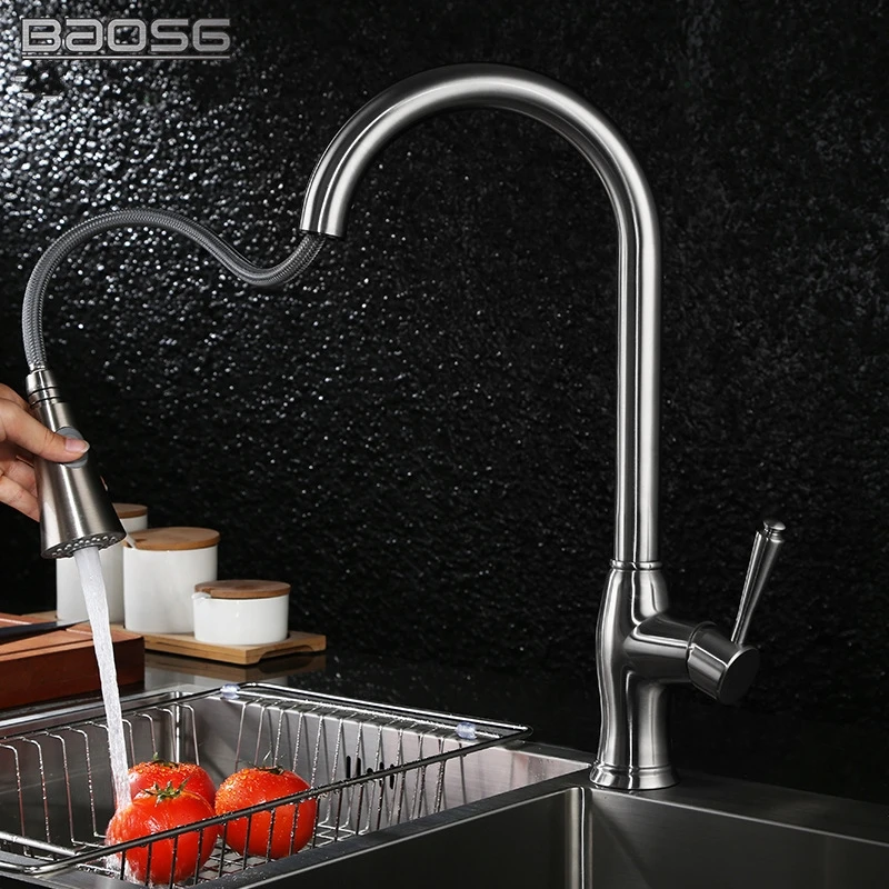 

Kitchen Bar Sink Brushed Nickel with Pull Out and Down Two Dual Function Water Mode Sprayer Faucet