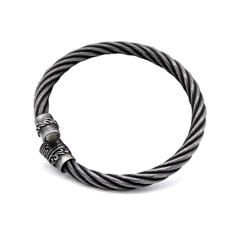 New Simple Retro Black Twisted Stainless Steel Wire Bangle Bracelet With Magnetic Clasp Men Women Unisex Steel Bangle BXGB302