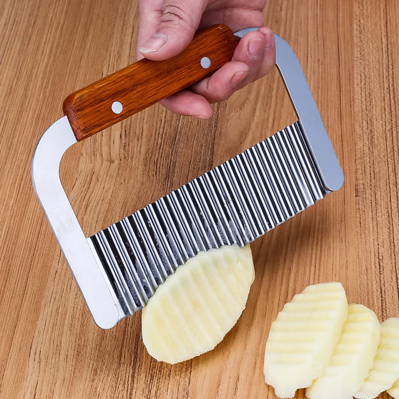 Cortador de cuchillos con bordes ondulados, rebanador con mango de madera, pelador de corte de frutas y verduras, herramientas de cocina, vajilla