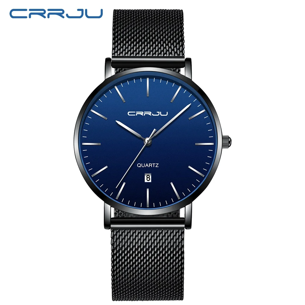 Fashion Gift Watches CRRJU Mens Blue Dial Mesh Watches Ultra Thin Casual Quartz Watch for Men Sport Date Clock Relogio Masculino