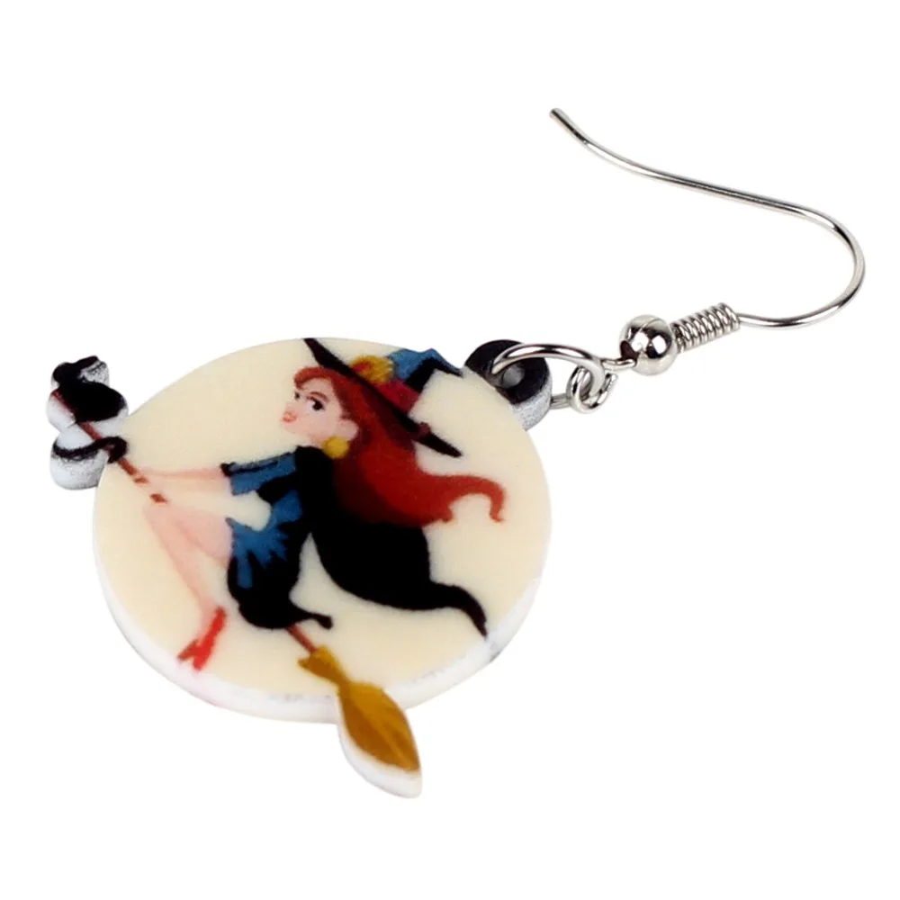 Bonsny Acrylic Magical Halloween Broomstick Witch Earrings Round Drop Dangle Big Cartoon Fashion Jewelry For Women Girl Kid Gift