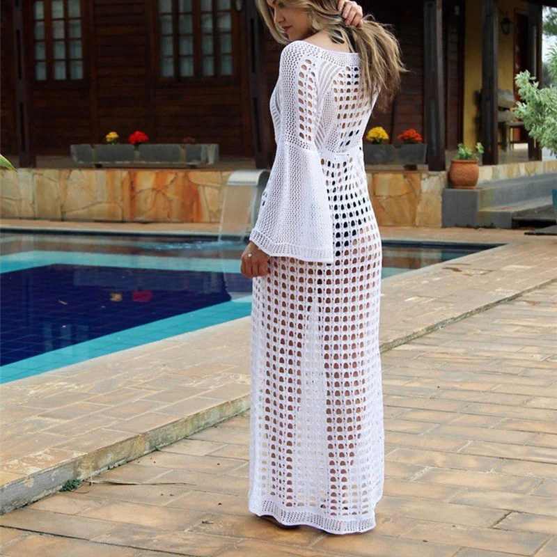 Robe de plage blanche tricotée au Crochet, Cover-up, tunique, caftan, ajouré, Cover-up pour les maillots de bain, paréo, vêtements de plage