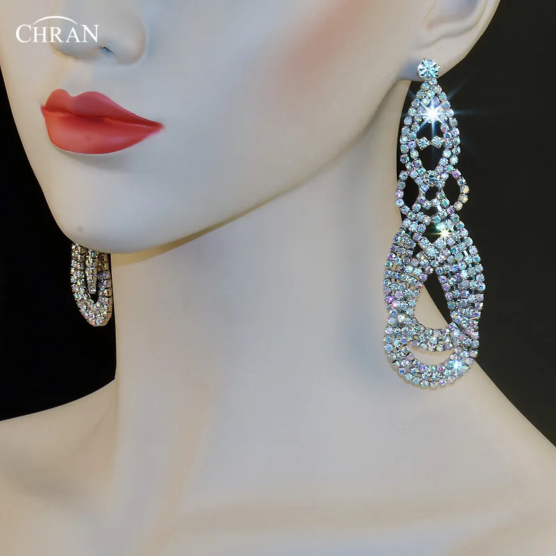 CHRAN Brand Ladies Jewelry Gifts Sparkling Rhinestone Silver Plated Circle Link Chandelier Dangle Exaggerated Earrings for Women