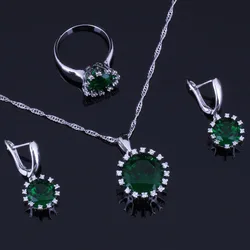 Unique Round Green Cubic Zirconia White CZ Silver Plated Jewelry Sets Earrings Pendant Chain Ring V0278