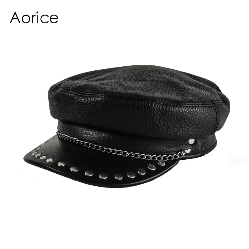 Aorice Genuine Leather Cap Baseball Hat Women's Brand Bone Militar Black Newsboy Black Caps Tactical Captain Sailor Hats Unisex