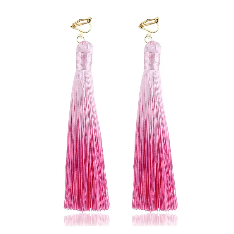 13 color New Trendy Gradient Color Long Tassel Clip on Earrings For Women handmade Thread Earring Wholesale Statement Jewelry