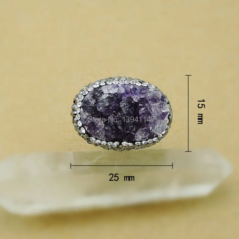 

Natural Amethyst Druzy Oval Ring Pave CZ Plaitna Plated Approx 25*15mm