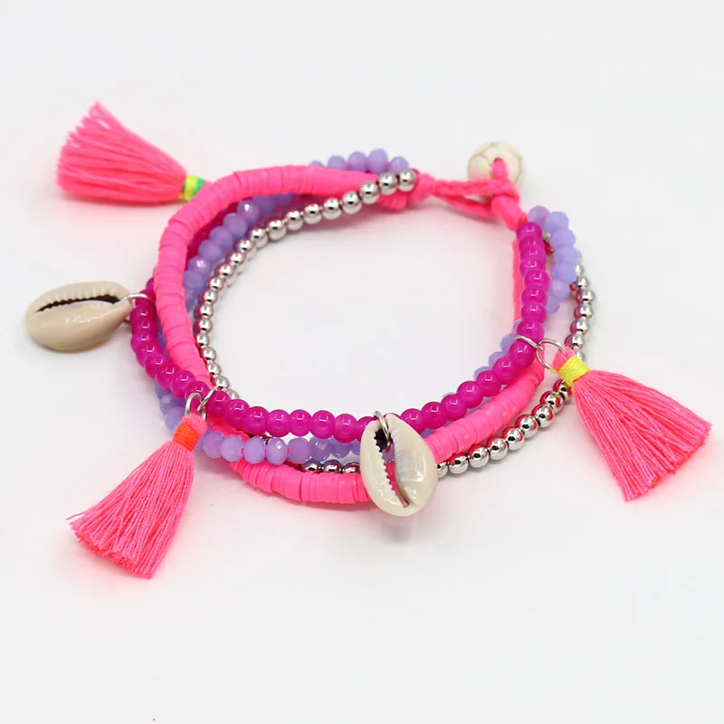 Fashion Multi-layer Beads Strand Shell Bracelet Summer Beach Holiday Jewelry Crystal Clay Stone Mixed Tassel Bracelets Women