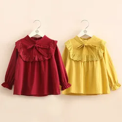 2024 Spring Autumn 2 3 4 5 6 7 8 9 10 Years Children Long Sleeve Bow Sweet Solid Cotton Blouses Shirts For Kids Baby Girls