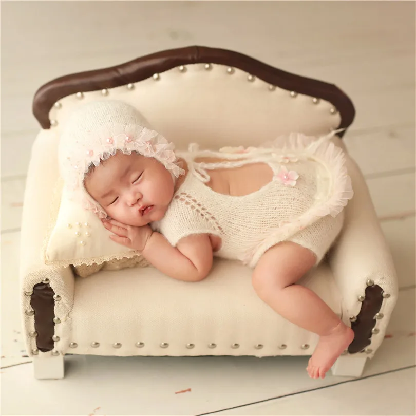 Newborn Lace Pearl Hat Baby Girl Fluffy Mohair Romper Bonnet Set Photography props Newborn Outfit Photo Prop