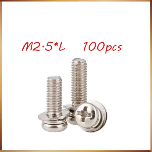 

100pcs M2.5*4/5/6/8/10/12/14/16/20/25 Stainless Steel three parts Pan Head Combination screw with spring washer and flat washer