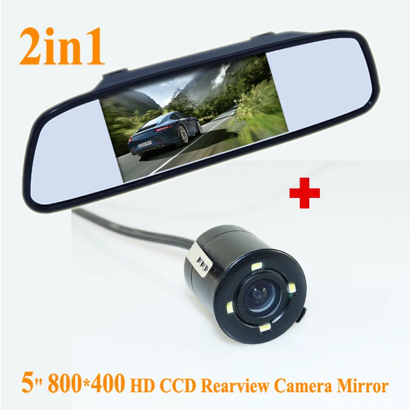 

Promotion 2 in 1 Car parking system HD CCD night vision car backup reversing rear view camera + 5" HD 800*480 Car Mirror Monitor