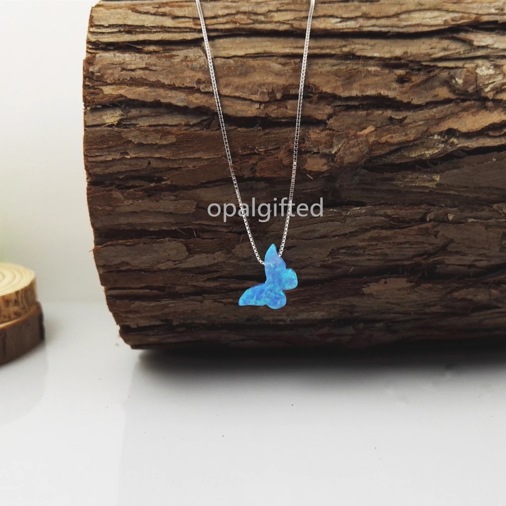 (1pc/lot)Synthetic 8.6*14mm Azure Blue OP06 opal butterfly pendant necklace with 925 Sterling silver O chain with cheaper price