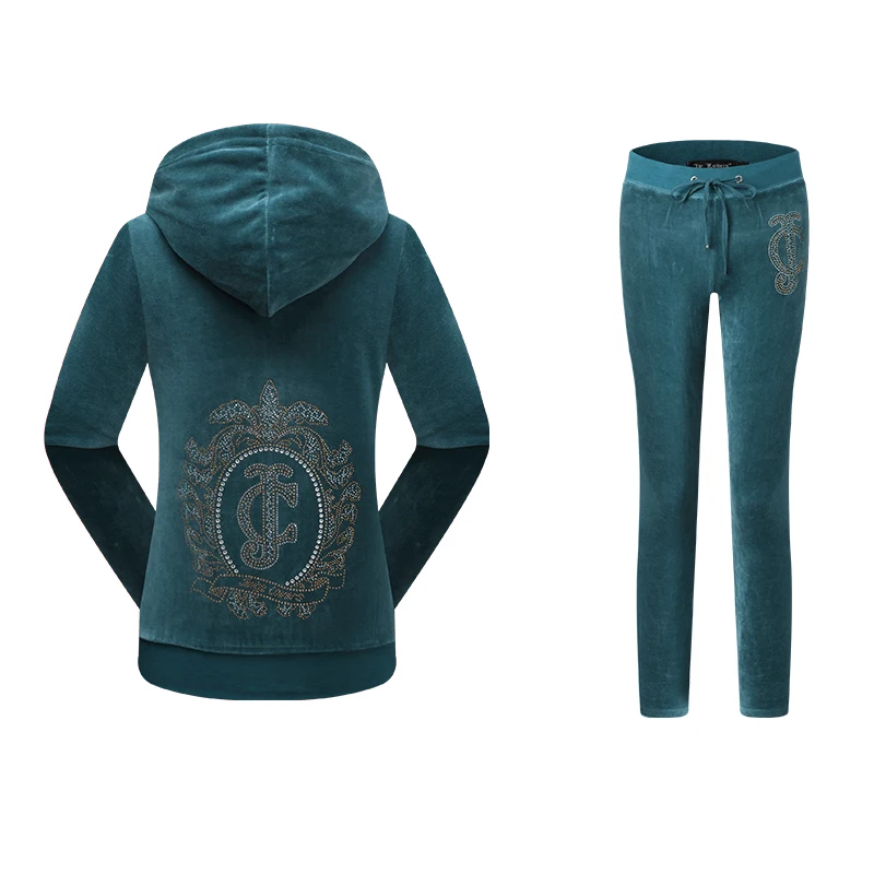 Imagem -02 - Juicy Lovers-conjunto de Roupas Esportivas de Veludo Feminino Roupa Esportiva Casual com Gola com Capuz Azul Marinho Preto e Verde Terno Primavera