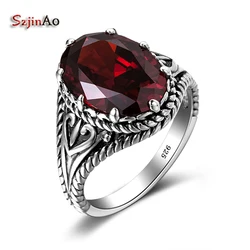 Szjinao Red Garnet Ring Vintage Oval Gemstone Rings For Women 925 Sterling Silver Wedding Enagement Anniversary Turkey Jewelry