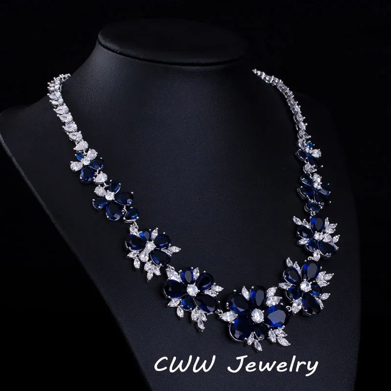 CWWZircons Blue CZ Bridal Jewelry Big Cubic Zirconia Stone Flower Wedding Choker Necklace Earrings Sets For Women  T153