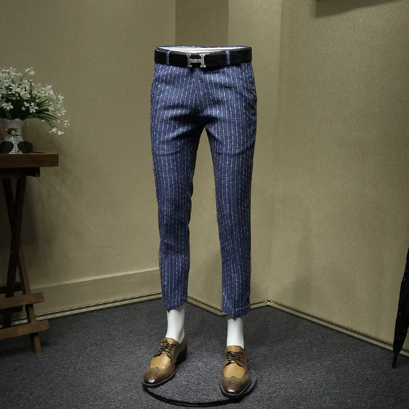 mens dress pants summer thin cropped pants legging fashion office pants men blue grey striped wedding wear slim fit