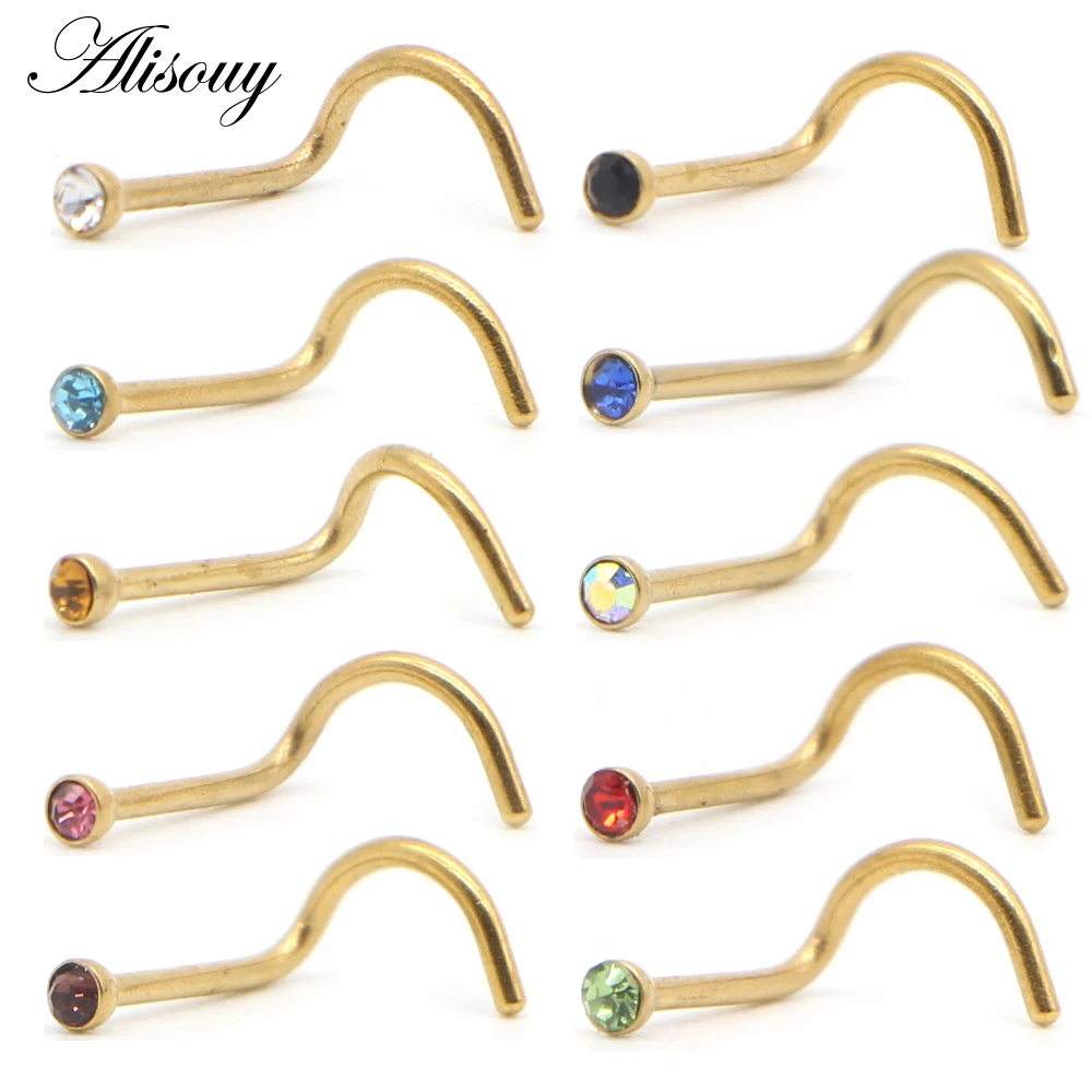 Alisouy 1pc Fashion Stainless Steel Crystal Rhinestone Nose Studs Hooks Bar Pin Nose Rings Body Piercing Jewelry For Women