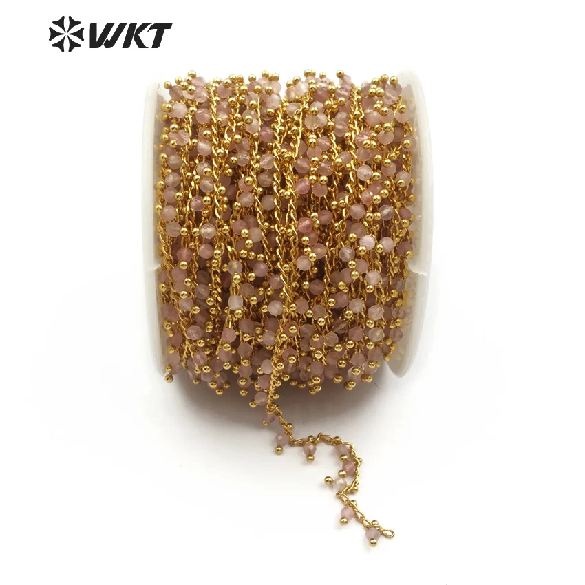 WT-RBC089 WKT Chain for Jewelry Resist Tarnishable Rosary Chain 3mm Round Pink Quartz Bead Drop Gold Color Wire Wrapped