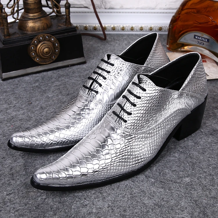 

Snake Skin Sliver Genuine Leather Mens Lace Up High Heels Formal Dress Shoes Pointed Toe Man Office Party Dress Wedding Shoes