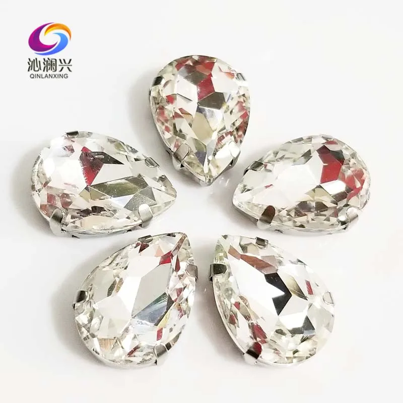 Clear White Teardrop Shape High Quality 5A Glass Crystal Sew on Rhinestones, Silver Bottom Diy Clothing Sewing Accessories