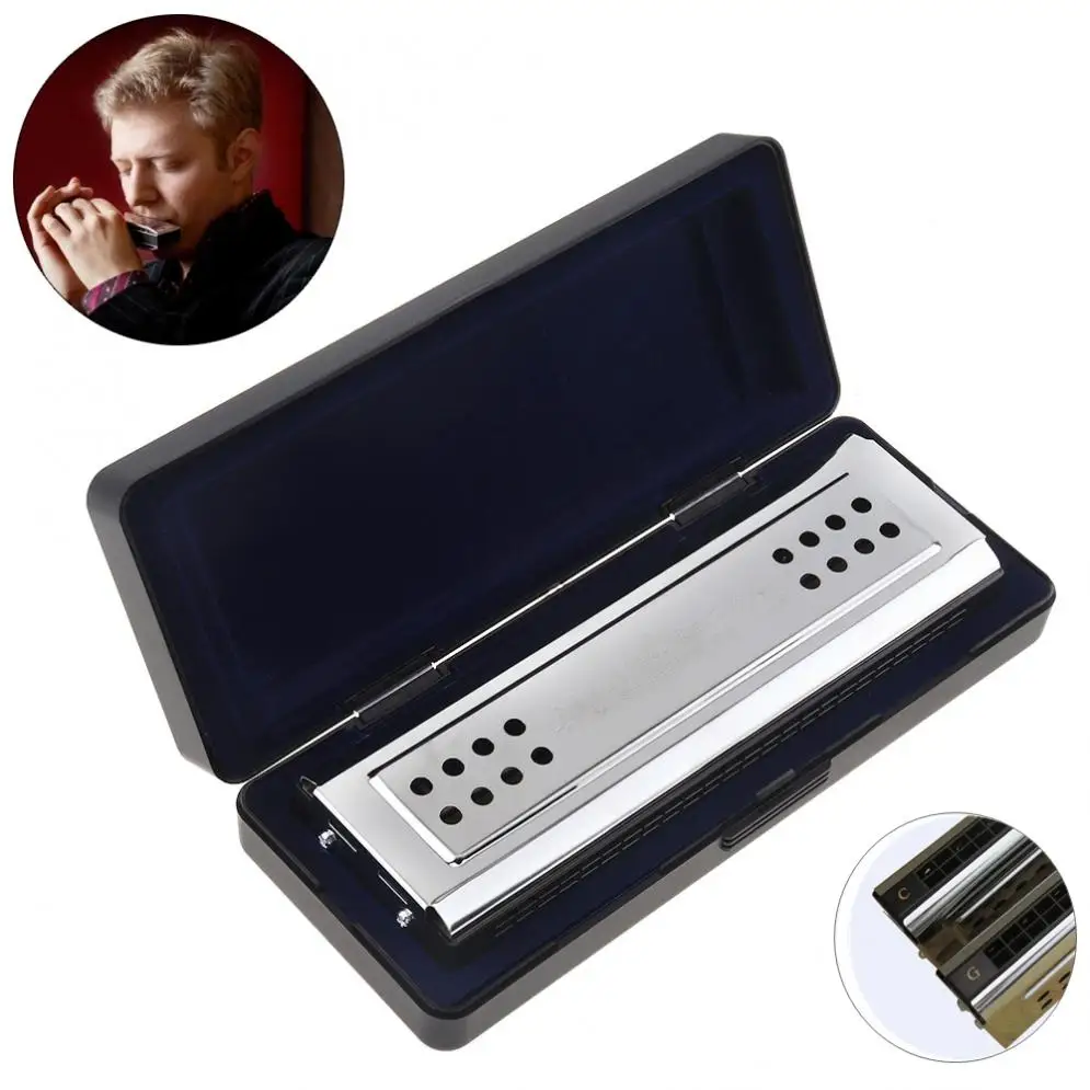 Professional 24 Holes Key Of C&G Silver Double-side Tremolo Harmonica for Adult Beginner and Children