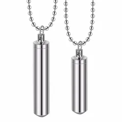 Men Stainless Steel Jewelry Pill Case Holder Cylinder Urn Pendant Memorial Necklace 2 Sizes Beaded Chain 20