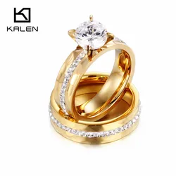 Kalen Wedding Rings Jewelry Stainless Steel Bulgaria Gold Color Couples Promise Rings Women Crystal Love Bang Engagement Rings