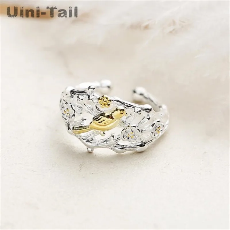 Uini-Tail hot new 925 Tibetan silver golden bird branch flower opening ring female national style fashion trend jewelry  JZ111