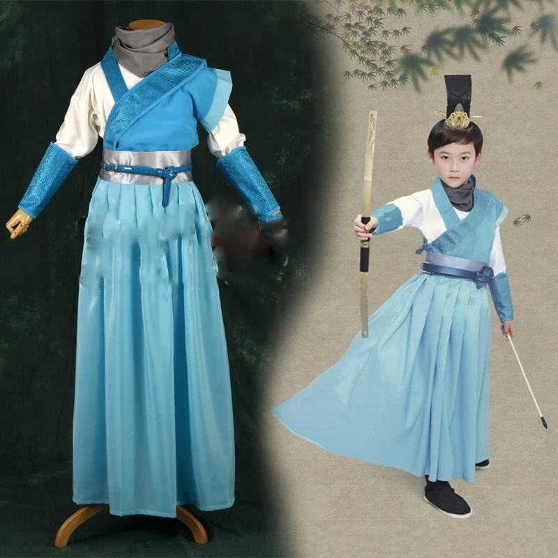 LingGongZi Sky Blue Swordman Costume Hanfu for Little Boy Children's Day or Halloween Cosplay Hanfu