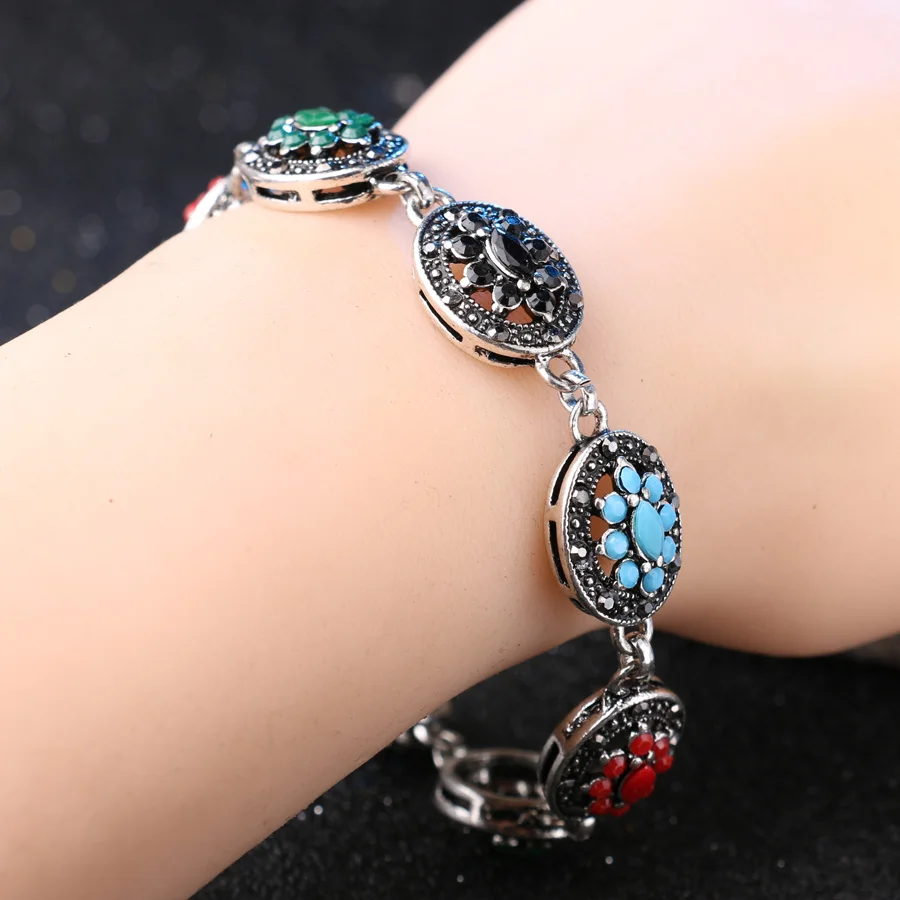 2018 New Arrivals Cute Oval Colorful Charm Bracelet Silver Plated Bohemian Bracelets For Women Vintage Jewelry BFF Gift