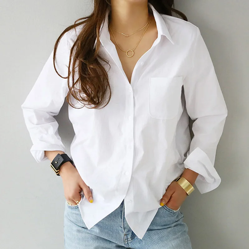 BGTEEVER-Camisa blanca de un solo bolsillo para mujer, blusa femenina, Top de manga larga, cuello vuelto informal, estilo OL, blusas sueltas