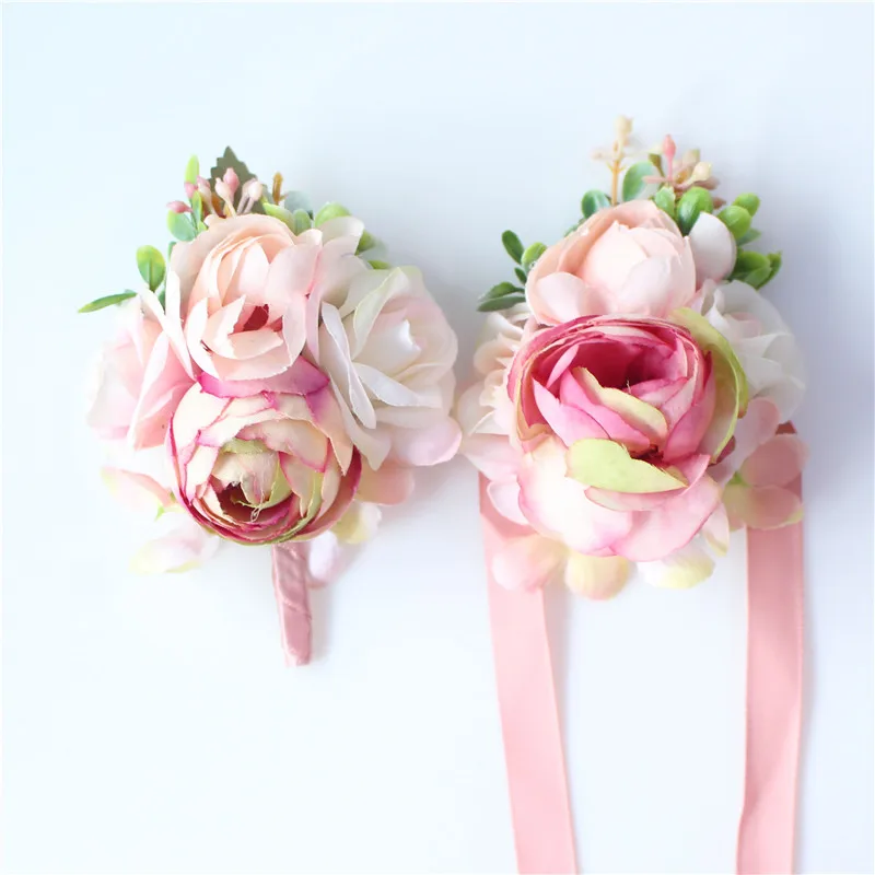 YO CHO Bridesmaid Decor Mini Rose Flowers Head Wrist Flowers and Boutonnieres Set Bride Decorations Wedding Bouquet Peony Brooch