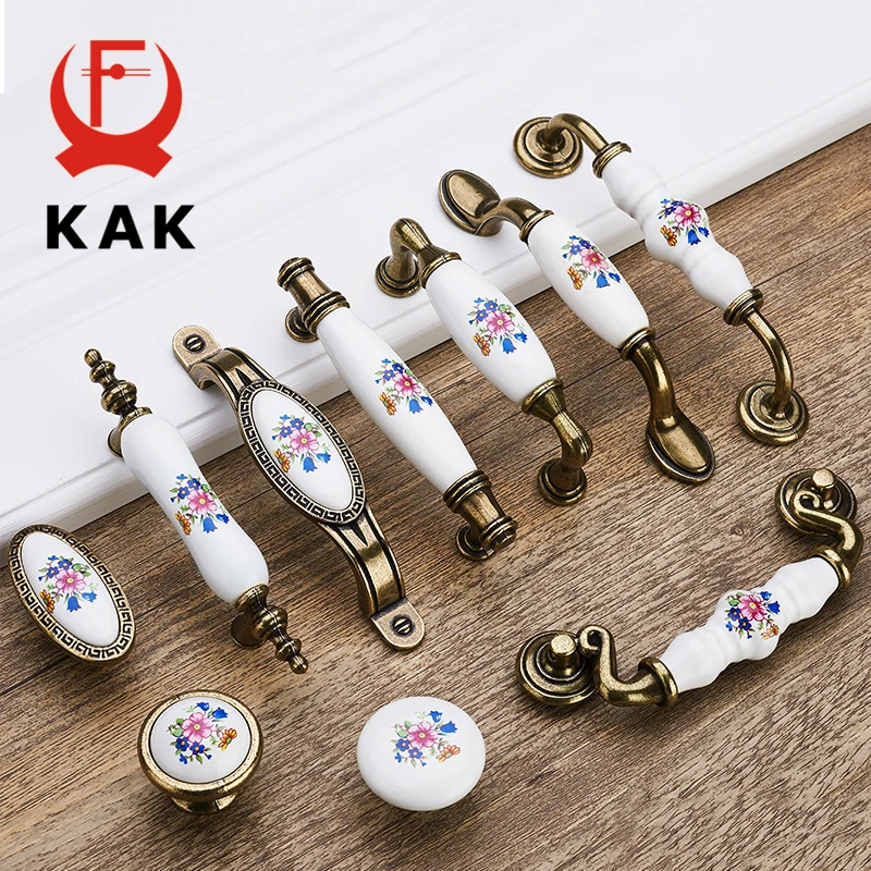 KAK 5pcs/lot Antique Bronze Ceramic Cabinet Handles Zinc Alloy Drawer Knobs Wardrobe Door Handles Morning Glory Furniture Handle