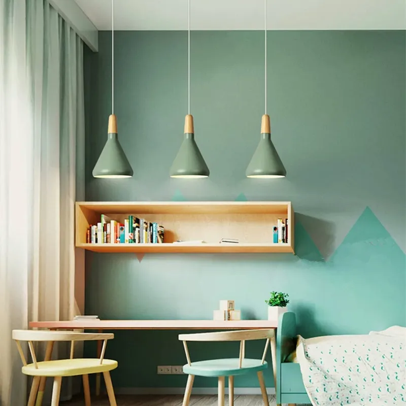 Kitche Pendant Light Bar Modern LED Lamp Green Pendant Lighting Hotel Wood Lights Room Study Office Ceiling Lamp Bulb Include