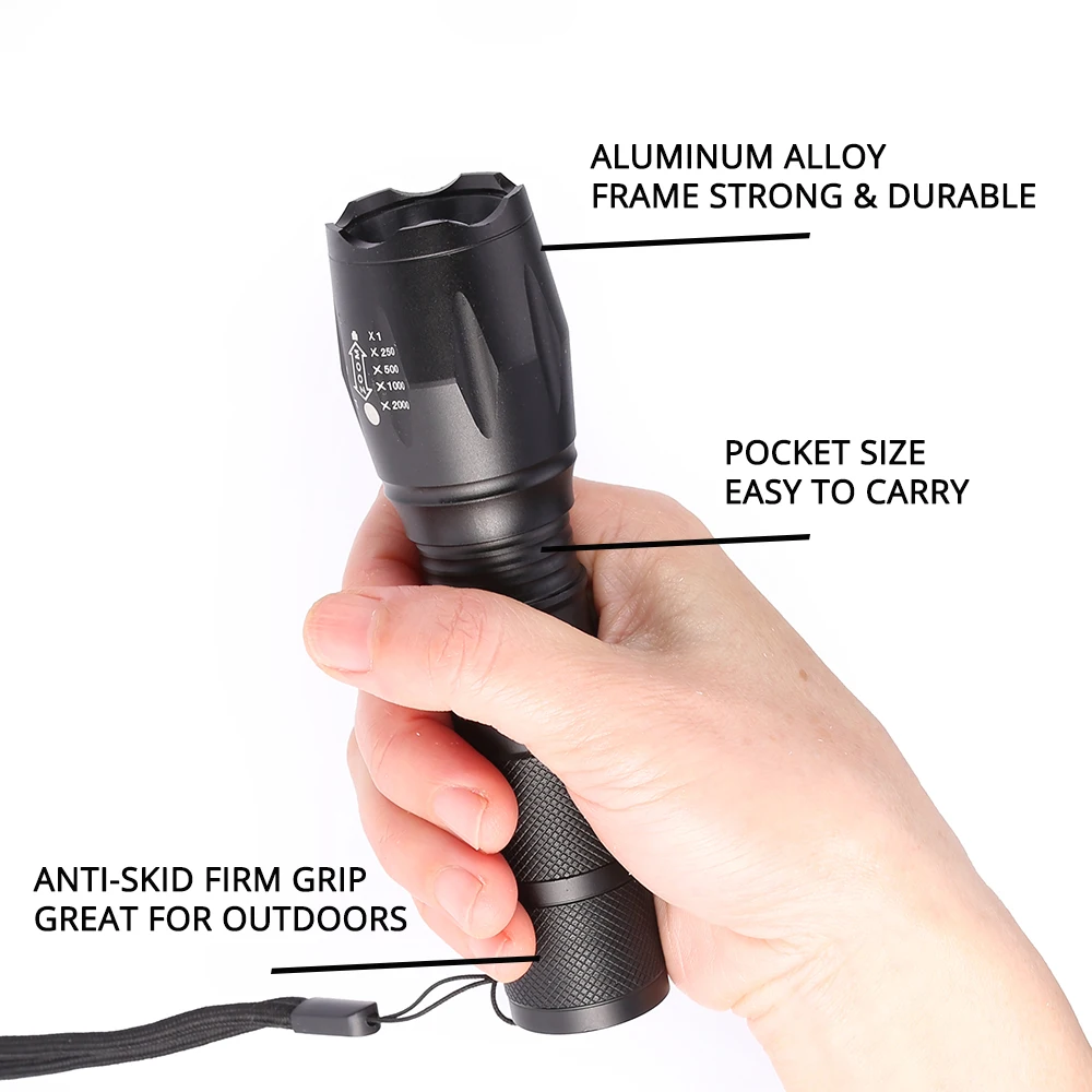 E17 Flash lighs L2 T6 Aluminum Waterproof Zoomable 5 modes LED Flashlight Torch with 18650 Rechargeable Battery or AAA