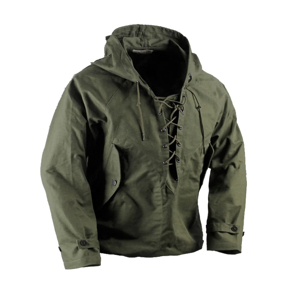 

USN Wet Weather Parka Vintage Deck Jacket Pullover Lace Up WW2 Uniform Mens Navy Military Hooded Jacket Outwear Army Green