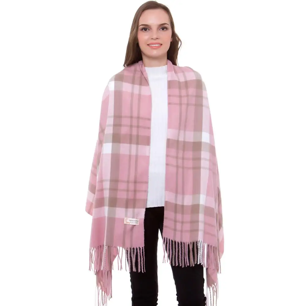 Cashmere Scarf Winter Lady Stylish Shawl Check Plaid Autumn Wrap Pashmina Fine Brushed Long Large Thick Tartan Tassel Hijab Pink